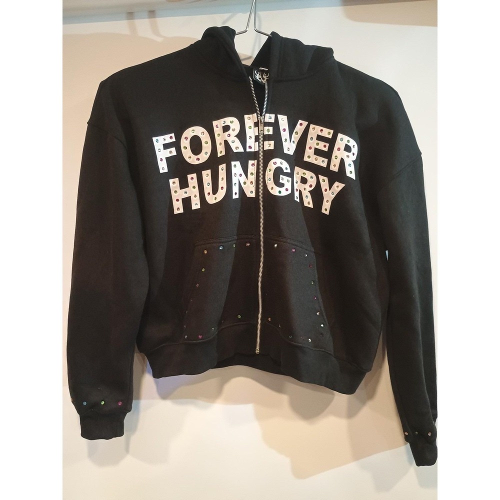 Forever Hungry Zip Up Hoodie Mens Large Black Good Rhinestone Graphic Sweatshirt